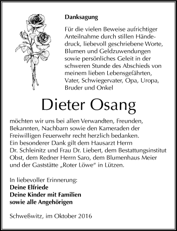 Traueranzeige von Dieter Osang von Mitteldeutsche Zeitung Weißenfels
