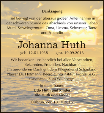 Traueranzeige von Johanna Huth von Mitteldeutsche Zeitung Wittenberg