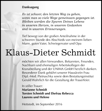 Traueranzeige von Klaus-Dieter Schmidt von Mitteldeutsche Zeitung Mansfelder Land