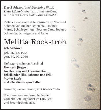 Traueranzeige von Melitta Rockstroh von Mitteldeutsche Zeitung Sangerhausen