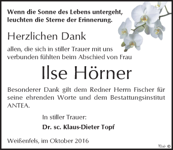 Traueranzeige von Ilse Hörner von Mitteldeutsche Zeitung Weißenfels