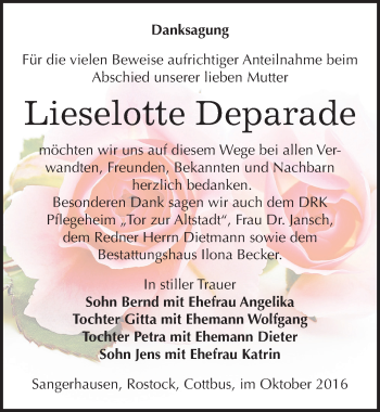 Traueranzeige von Lieselotte Deparade von Mitteldeutsche Zeitung Sangerhausen