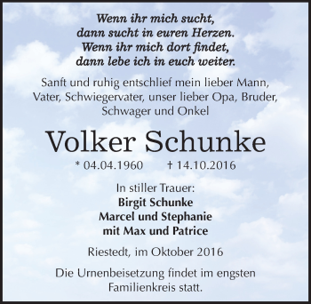 Traueranzeige von Volker Schunke von Mitteldeutsche Zeitung Sangerhausen