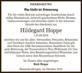 Traueranzeige von Hildegard Hoppe von Super Sonntag Bernburg