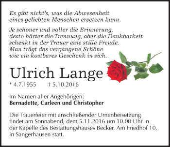 Traueranzeige von Ulrich Lange von Mitteldeutsche Zeitung Sangerhausen