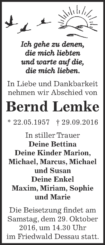  Traueranzeige für Bernd Lemke vom 15.10.2016 aus WVG - Wochenspiegel Dessau / Köthen