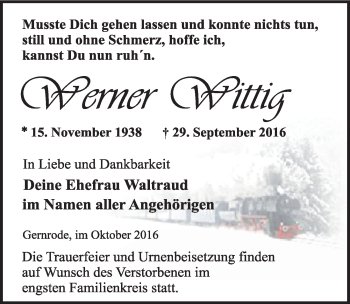Traueranzeige von Werner Wittig von Mitteldeutsche Zeitung Quedlinburg