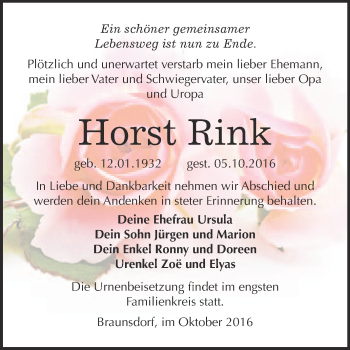 Traueranzeige von Horst Rink von WVG - Wochenspiegel Wittenberg