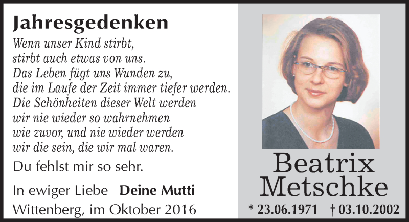  Traueranzeige für Beatrix Metschke vom 01.10.2016 aus Mitteldeutsche Zeitung Wittenberg