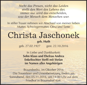 Traueranzeige von Christa Jaschonek von Mitteldeutsche Zeitung Merseburg/Querfurt