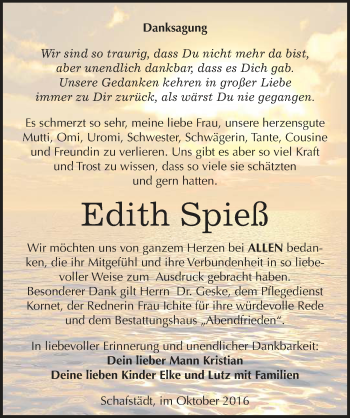 Traueranzeige von Edith Spieß von Mitteldeutsche Zeitung Merseburg/Querfurt