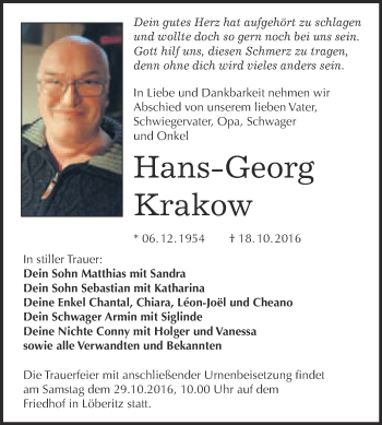 Traueranzeige von Hans-Georg Krakow von WVG - Wochenspiegel Bitterfeld