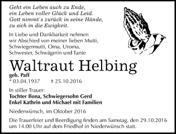 Traueranzeige von Waltraut Helbing von Mitteldeutsche Zeitung Merseburg/Querfurt