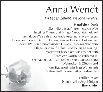 Traueranzeige von Anna Wendt von Super Sonntag Bernburg