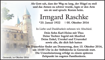 Traueranzeige von Irmgard  Raschke von Mitteldeutsche Zeitung Quedlinburg