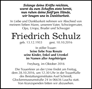 Traueranzeige von Friedrich Schulz von Mitteldeutsche Zeitung Naumburg/Nebra