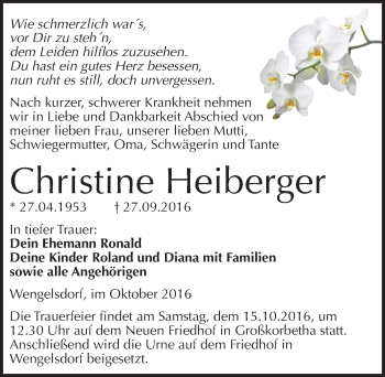 Traueranzeige von Christine Heiberger von Mitteldeutsche Zeitung Weißenfels