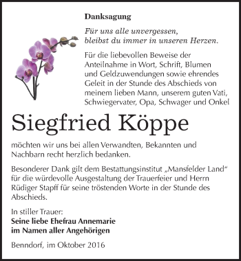 Traueranzeige von Siegfried Köppe von Mitteldeutsche Zeitung Mansfelder Land