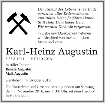 Traueranzeige von Karl-Heinz Augustin von Mitteldeutsche Zeitung Mansfelder Land
