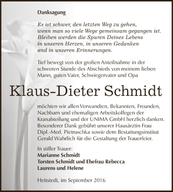 Traueranzeige von Klaus-Dieter Schmidt von Super Sonntag SGH Mansf. Land