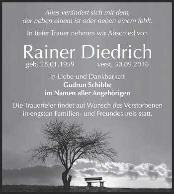 Traueranzeige von Rainer Diedrich von WVG - Wochenspiegel NMB / WSF / ZTZ