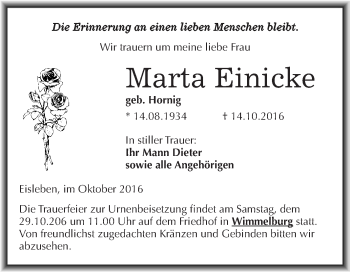 Traueranzeige von Marta Einicke von Wochenspiegel Mansfelder Land