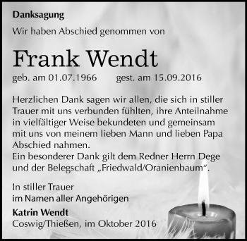 Traueranzeige von Frank Wendt von Mitteldeutsche Zeitung Wittenberg