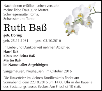 Traueranzeige von Ruth Baß von Super Sonntag SGH Mansf. Land
