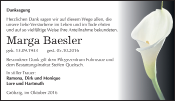 Traueranzeige von Marga Baesler von Mitteldeutsche Zeitung Köthen