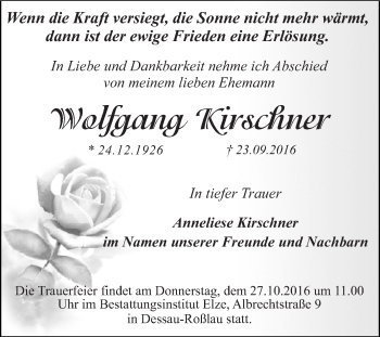 Traueranzeige von Wolfgang Kirschner von WVG - Wochenspiegel Dessau / Köthen