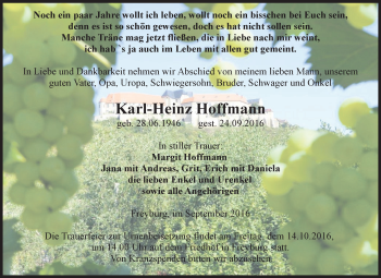 Traueranzeige von Karl-Heinz Hoffmann von WVG - Wochenspiegel NMB / WSF / ZTZ