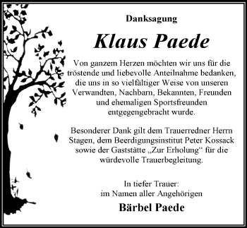 Traueranzeige von Klaus Paede von Mitteldeutsche Zeitung Dessau-Roßlau
