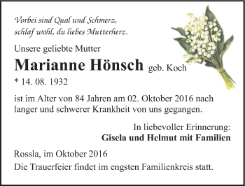 Traueranzeige von Marianne Hönsch von Mitteldeutsche Zeitung Sangerhausen