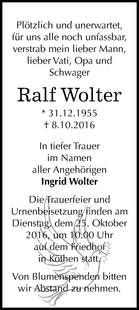  Traueranzeige für Ralf Wolter vom 13.10.2016 aus Mitteldeutsche Zeitung Köthen