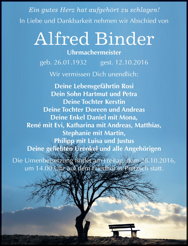 Traueranzeige für Alfred Binder vom 22.10.2016 aus Mitteldeutsche Zeitung Wittenberg