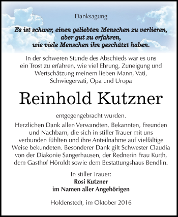 Traueranzeige von Reinhold Kutzner von Super Sonntag SGH Mansf. Land
