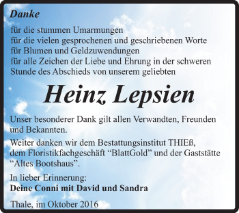 Traueranzeige von Heinz Lepsien von Super Sonntag Quedlinburg