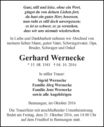 Traueranzeige von Gerhard Wernecke von Super Sonntag SGH Mansf. Land