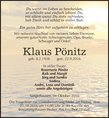 Traueranzeige von Klaus Pönitz von Mitteldeutsche Zeitung Sangerhausen