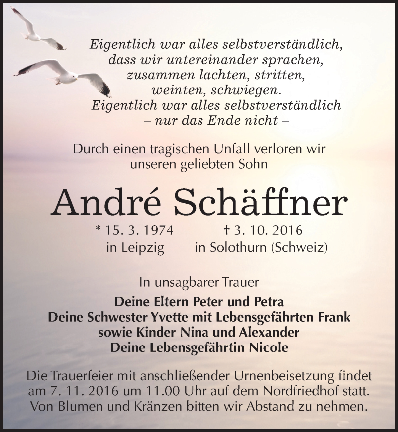 Traueranzeige für André Schäffner vom 22.10.2016 aus Mitteldeutsche Zeitung Halle/Saalkreis