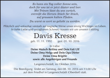 Traueranzeige von Davis Kresse von Mitteldeutsche Zeitung Merseburg/Querfurt