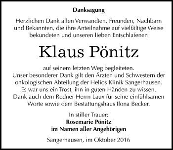 Traueranzeige von Klaus Pönitz von Mitteldeutsche Zeitung Sangerhausen