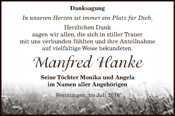 Traueranzeige von Manfred Hanke von WVG - Wochenspiegel NMB / WSF / ZTZ