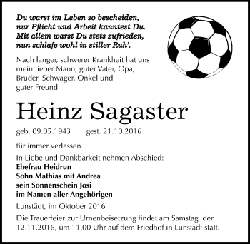 Traueranzeige von Heinz Sagaster von Mitteldeutsche Zeitung Merseburg/Querfurt