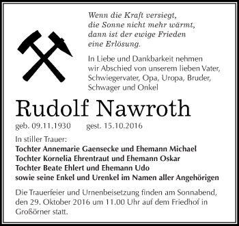 Traueranzeige von Rudolf Nawroth von Super Sonntag SGH Mansf. Land