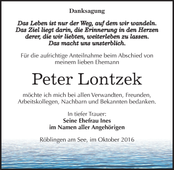 Traueranzeige von Peter Lontzek von Mitteldeutsche Zeitung Mansfelder Land