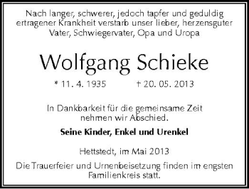 Traueranzeige von Wolfgang Schieke von Mitteldeutsche Zeitung