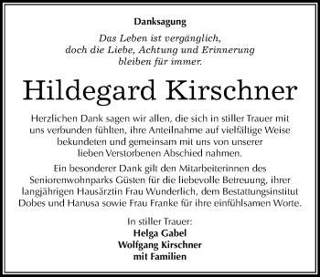 Traueranzeige von Hildegard Kirschner von Mitteldeutsche Zeitung Bernburg