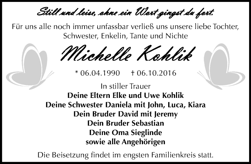  Traueranzeige für Michelle Kohlik vom 17.10.2016 aus Mitteldeutsche Zeitung Dessau-Roßlau