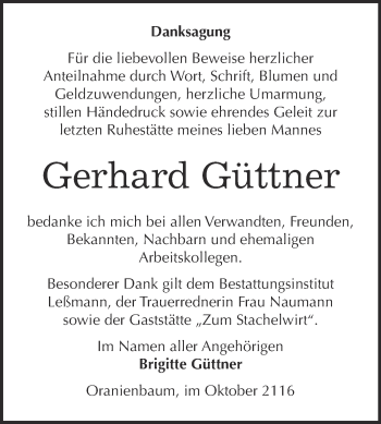Traueranzeige von Gerhard Güttner von WVG - Wochenspiegel Wittenberg